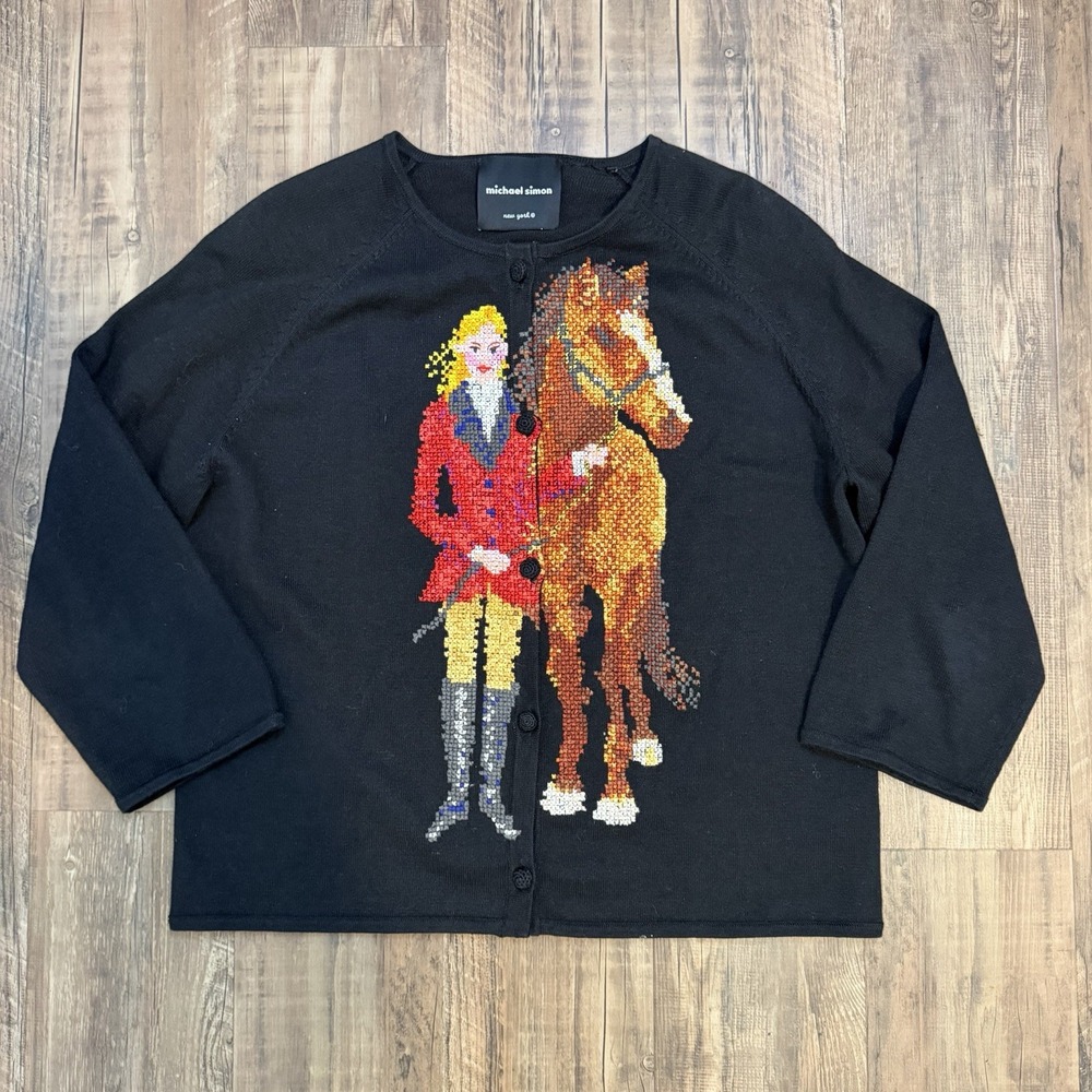 VTG 90s Michael Simon Cardigan Sweater Sz M?  Horse Equestrian Knit Cotton Blend
